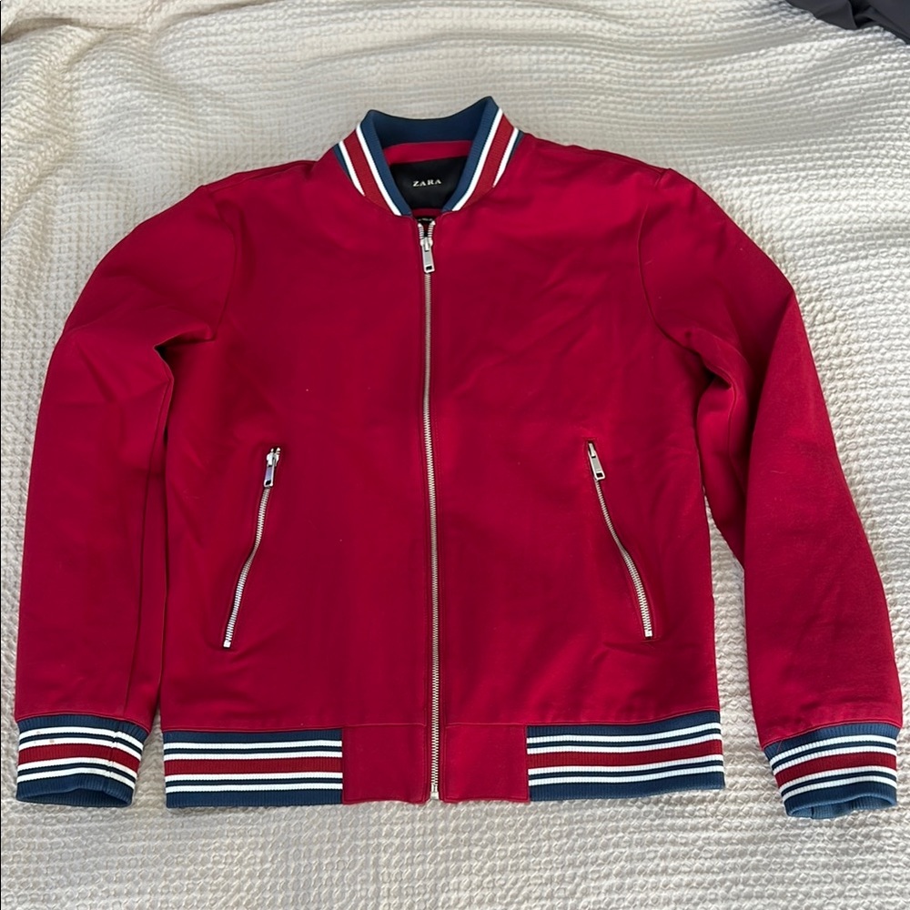 ZARA Men Crimson Bomber Jacket with Navy Stripes Size M